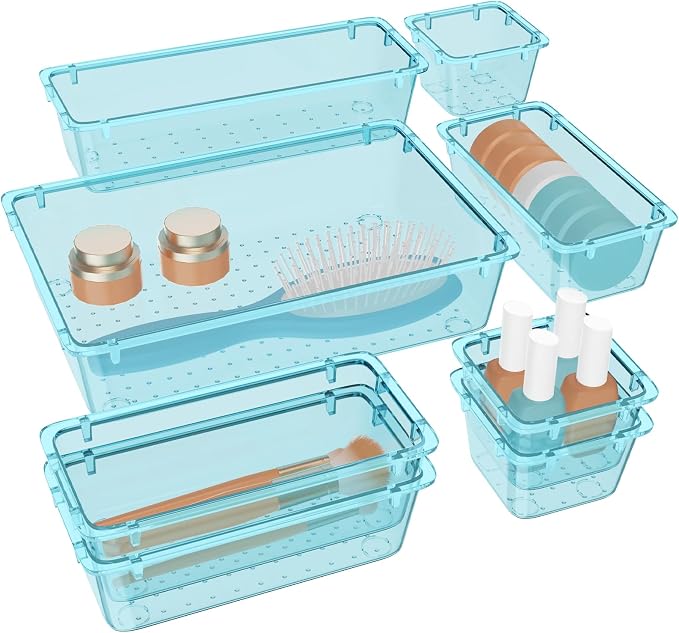 WOWBOX 8 PCS Plastic Drawer Organizer Set, 4 Sizes Desk Drawer Organization and Storage Containers for Makeup, Cosmetics, Jewelry and Gadgets in Kitchen, Bathroom, Bedroom, Office, Clear Sea Blue by WOWBOX