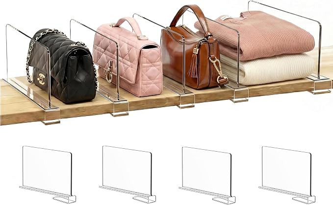 SortNStore Shelf Dividers Purse Organizer for Closet: 6-inch Tall(Shorter Version) Acrylic Handbag Organizer - Small Space Separator for Clutches Evening Bags Pouches Mini-Bags on Wood Shelves 4-Pack by SortNStore