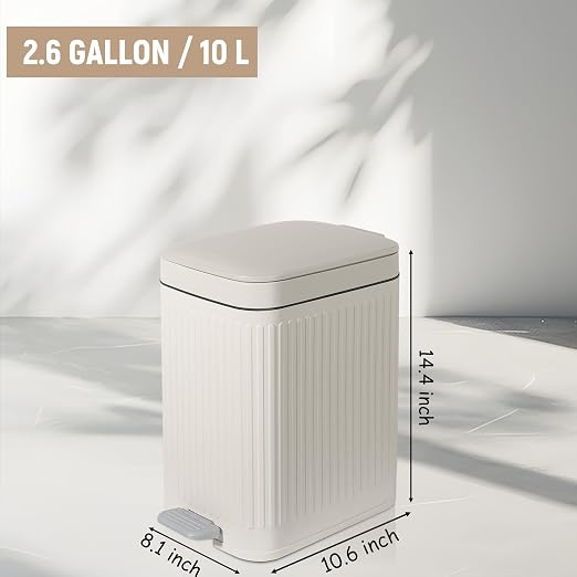 rejomiik Small Bathroom Trash Can with Lid Slim Soft Close Garbage Can Step Wastebasket Container Trash Bin for Office Bedroom Kitchen Living Room (2.6 Gallon Cream) - Image 7