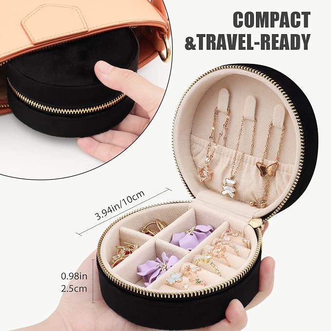 DesignSter Travel Jewelry Box - Velvet Mini Jewelry Organizer, Small Jewelry Case for Girls Women, Jewelry Storage Box for Rings Earrings Necklace (Circular, Black) - Image 2