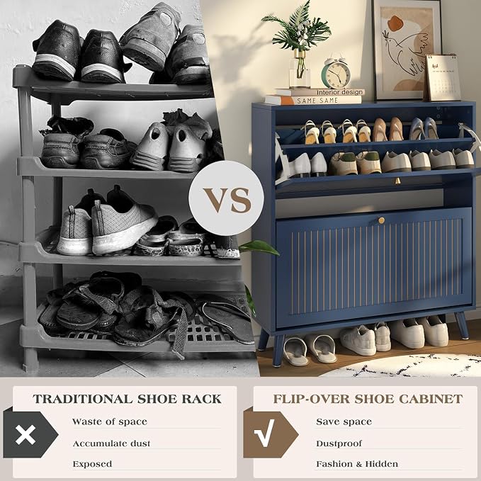 Fsbecl Shoe Storage Cabinet for Entryway with 2 Flip Drawers, Narrow Wood Shoe Cabinet with Fluted Panel, Freestanding Hidden Shoe Organizer for Foyer, Hallway (Blue - with Shelf) - Image 7