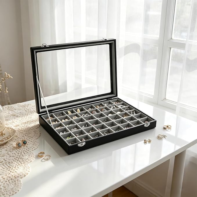 Stratalife Jewelry Organizer 48 Grid Jewelry Tray with Clear Lid Dust-proof Velvet Earring Organizer Necklace Rings Holder Display Drawer Storage Case for Women Gray Black - Image 6