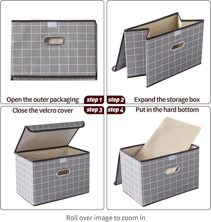 STOREONE Fabric Storage Cube Bins Foldable Organizer Container Collapsible Basket with Lids and Metal Handles, for Home, Bedroom, Closet 3 Pcs (Grey grid) - Image 6