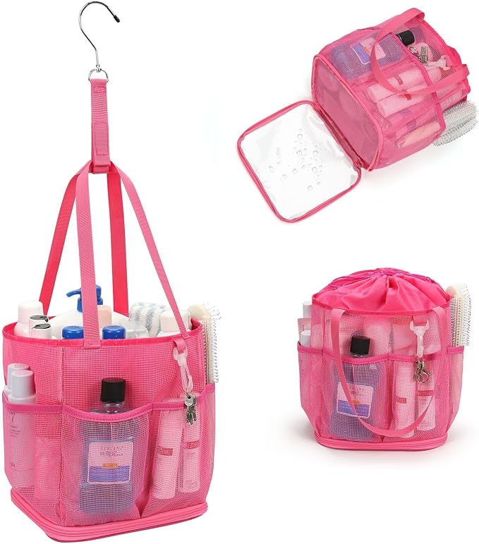 Mesh Shower Caddy Portable for College Dorm Room Essentials, Shower Tote Bag with Hanging Hook and Drawstring, Quick Dry Toiletry Bag with 6 Pockets for Bathroom, Swimming, Gym, Camping, Beach, Travel by onemoky