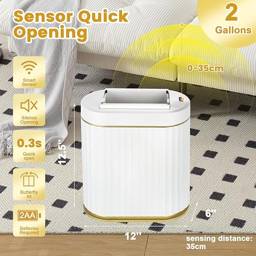 ELPHECO Bathroom Trash Can with Lid Butterfly, Motion Sensor Trash Can Bathroom Decor Automatic Garbage Can Wastebasket Bathroom Accessories, Kitchen, Living Room, Office, White Gold - Image 7