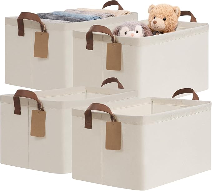 CHICVITA 4 Pack Large Storage Baskets for Shelves, Collapsible Closet Organizer Bins with Metal Frame, Fabric Storage Bins for Clothes Towels Organization, 16.8" x 11" x 9.8", Beige by CHICVITA