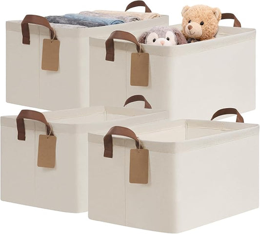 CHICVITA 4 Pack Large Storage Baskets for Shelves, Collapsible Closet Organizer Bins with Metal Frame, Fabric Storage Bins for Clothes Towels Organization, 16.8" x 11" x 9.8", Beige by CHICVITA