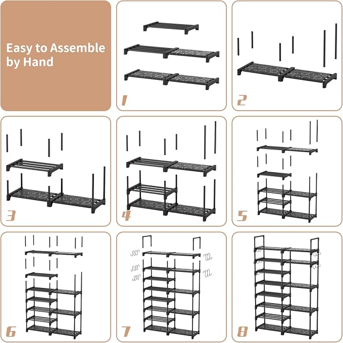 ROJASOP Shoe Rack Organizer, 8-Tier Metal Shoe Rack for Closet Entryway Garage, 26-32 Pairs Tall Shoe Boot Storage Shelf with 15 Hooks, Stackable Large Shoe Stand - Image 8