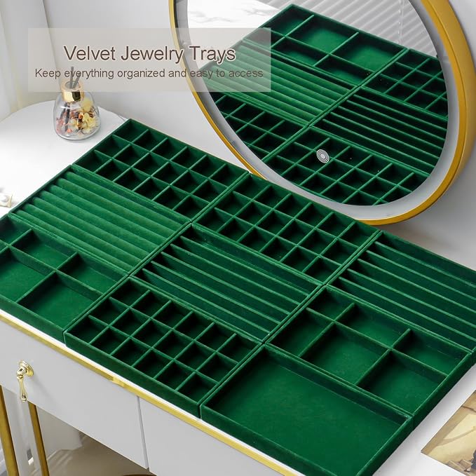 SPAKOWN Jewelry Drawer Organizer Inserts Set of 9, Jewelry Trays for Drawers Velvet Jewelry Organizer Tray Drawer Jewelry Organizers and Storage for Earring Ring Necklace Watch Bracelet (Green) - Image 6