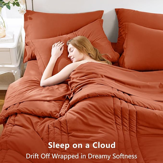 CozyLux King Size Comforter Sets - 7 Piece Bed in a Bag Terracotta Comforter Set with Sheets Bed Set All Seasons, Soft Bedding Set with Down Alternative Comforter, Sheets, Pillowcases & Shams