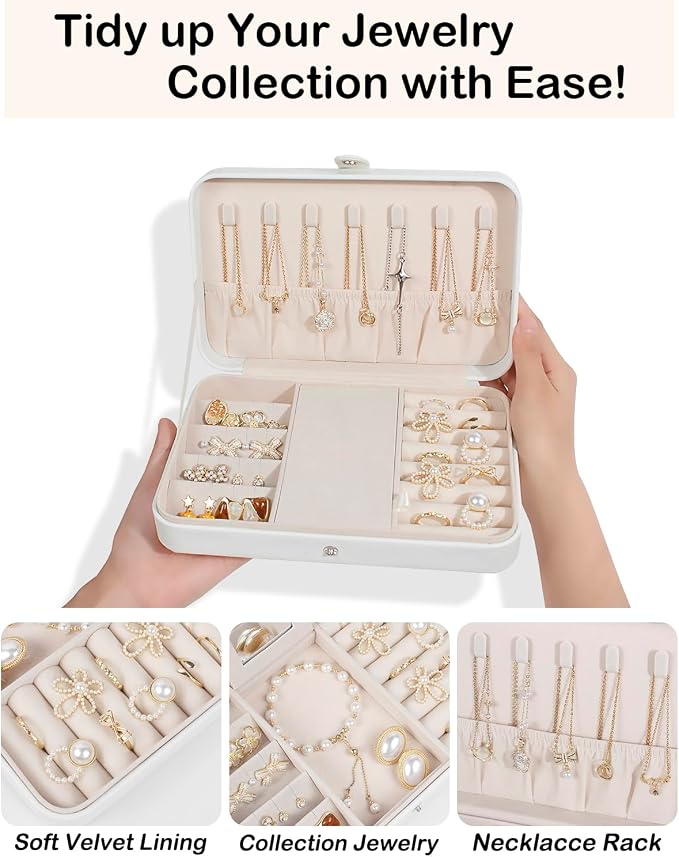 GUKA Travel Jewelry Case, Portable Jewelry Travel Organizer, PU Travel Jewelry Case Organizer for Rings Earrings Necklaces Bracelets Watch for Birthday Wedding Gifts. White - Image 4