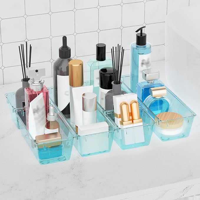 WOWBOX 12 Pack Clear Drawer Organizer Set, Acrylic Drawer Storage Trays, Storage Bins for Makeup, Cosmetics, Jewelries, Utensils, Gadgets, Office, Sea Blue - Image 5