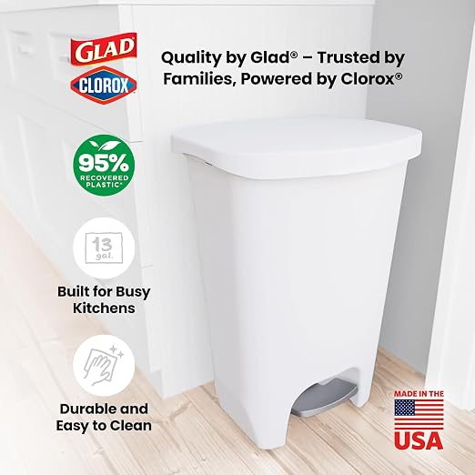 Glad 13 Gallon Trash Can | Plastic Kitchen Waste Bin with Odor Protection of Lid | Hands Free with Step On Foot Pedal and Garbage Bag Rings, 13 Gallon, White - Image 6