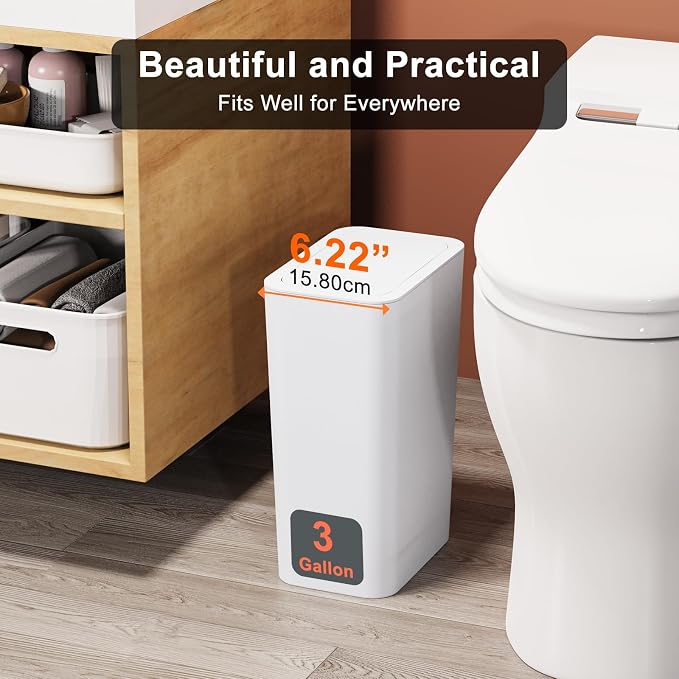 N. NETDOT 3 Pack 3 Gallon Small Trash Can with Lid, Bathroom Garbage Can with Pop-Up Lid, Waste Basket for Bathroom, Kitchen, Bedroom, Powder Room, Craft Room, Office, College (Off White) - Image 2
