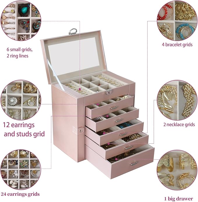 BOOVO Jewelry Box For women, 6 Layer Large Jewelry Organizer With Mirror, Multi-Function Storage Box With Lock, Accessory Holder With 5 Drawers, For Earrings Necklace Ring Bracelet (Rose Gold) - Image 5
