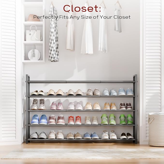 Bumusty 5-Tier Long Expandable Shoe Rack for Closet, 18"-44" Adjustable Shoe Rack for Entryway, 25-30 Pairs Large Shoe Organizer Shelf Storage, Sturdy Metal, Grey - Image 2