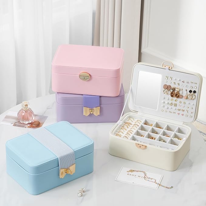 Lolalet 2 Layer Jewelry Box with Lock and Key for Teen Girls & Young Women, Jewelry Organizer Case with Round Clasp and Mirror for Earrings Rings Necklaces Storage, Gift Idea -Cloud White - Image 7