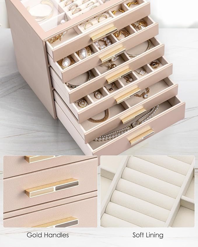 VLANDO 6 Layer Jewelry Box for Women, Glass Lid Jewelry Organizer with 6 Drawers for Necklaces Rings Earrings Bracelets - Toffee - Image 5