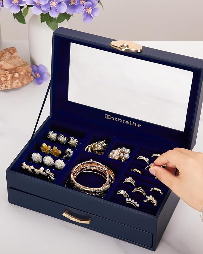Enthralite Jewelry Box with 1 Drawers: Display Organizer for Earrings Necklaces - Gifts for Girls Women (Dark Blue) - Image 6