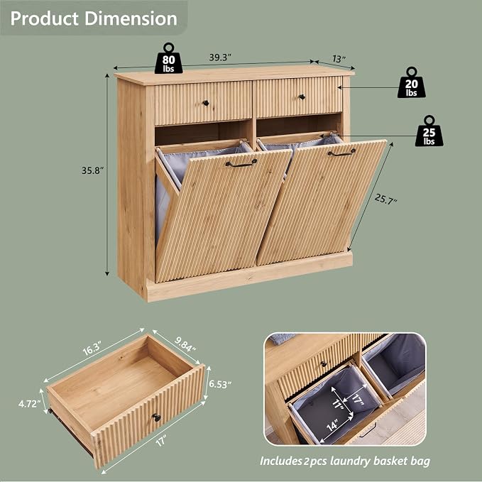 IFBUY Modern Double Tilt-Out Laundry Hamper Cabinet, 20 Gallon Fluted Trash Can Cabinet with 2 Drawers, Wooden Hidden Garbage Can Cabinets with Laundry Basket, for Bathroom and Kitchen, Natural Oak - Image 2