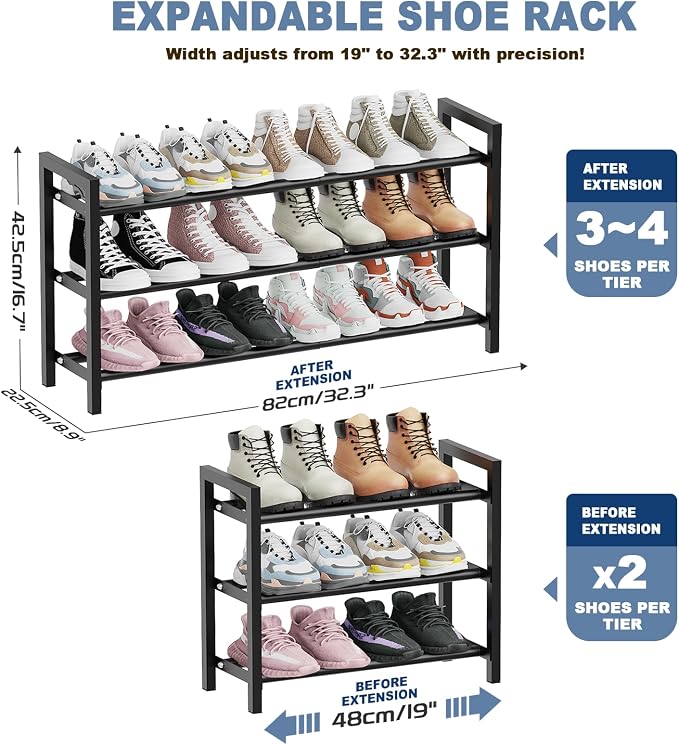 Mavivegue 18-33” Expandable Shoe Rack for Closet, 3-Tier Shoe Organizer, Adjustable Shoe Rack for Front Door Entrance, Entryway - Image 3