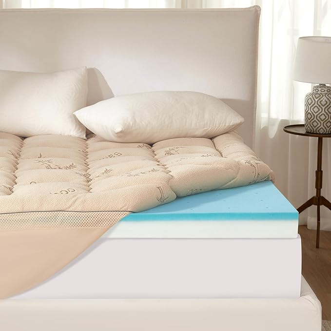 BEDLORE 4 Inch Memory Foam Mattress Topper Twin XL,2-in-1 Dual Layer Design (2" Gel Memory Foam + 2" Plush Pillow Top Cover) Mattress Topper Medium-Firm,Pressure Relief & Back Pain Support(Beige)