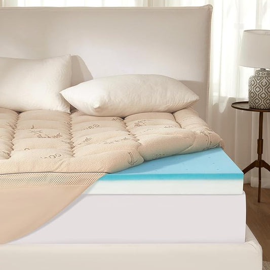 BEDLORE 4 Inch Memory Foam Mattress Topper King,2-in-1 Dual Layer Design (2" Gel Memory Foam + 2" Plush Pillow Top Cover) Mattress Topper Medium-Firm,Pressure Relief & Back Pain Support(Beige)