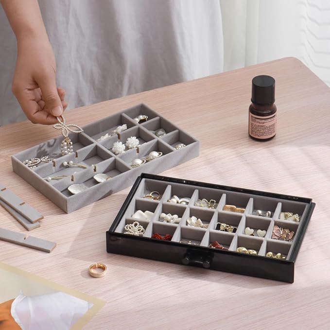 YUFONG Earring Organizer Box Acrylic Jewelry Organizer with 3 Drawers 54 Adjustable Grids Clear Stackable Earring Holder Velvet Trays Ring Display Case for Women Girls (Black Gray) - Image 4