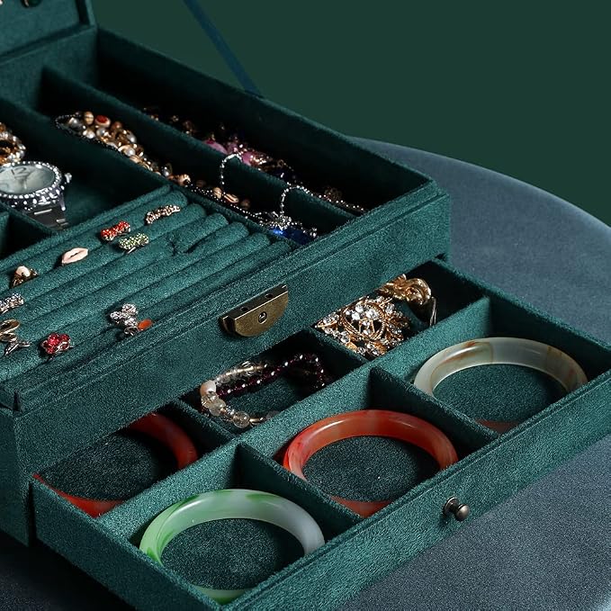 Women Jewelry Box Lockable 3 Layers Large Jewelry Organizer Storage Case for Earrings Necklaces Rings Bracelets,Green Display Jewel Holder (Green) - Image 6