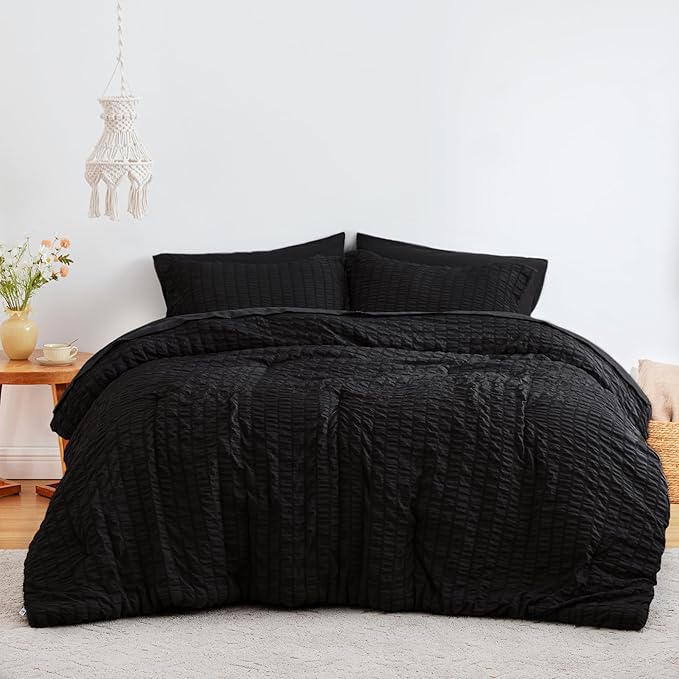 Love's cabin Seersucker Black Full Comforter Set, 7-Piece All Season Lightweight Bed in a Bag Bedding Set with Comforter, Flat Sheet, Fitted Sheet, Pillowcases and Shams | Soft, Breathable, Lightweight