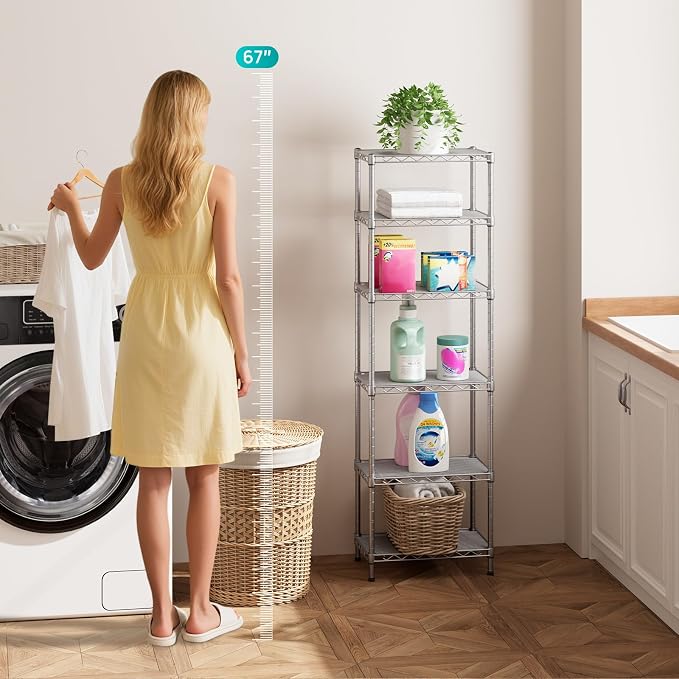 SINGAYE 6 Tier Shelf Wire Shelving Adjustable Storage Shelves Rack Standing Units for Kitchen Closet Laundry Bathroom Organizers Metal Pantry Narrow Mesh Gaps 10" D x 16" W x 60" H Gray - Image 2