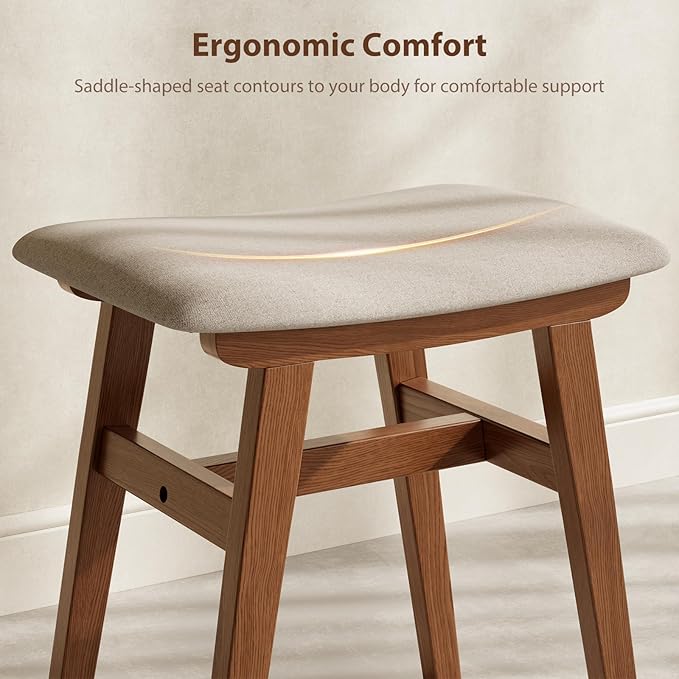 Muwuele Solid Wood Vanity Stool, Compact Makeup Chair with Saddle Cushion, Linen-Covered High Rebound Sponge Seat, Easy Assembly Footstool for Bedroom, Entryway, Home, Walnut