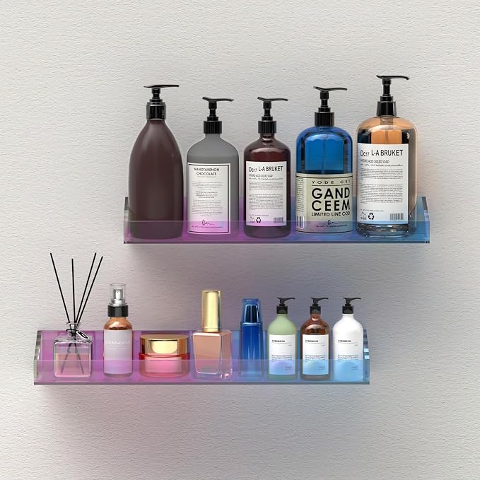 Bakzon 2 Pack Acrylic Shelves for Wall Storage, 15" Floating Shelves, Kids Bookshelf, Nail Polish Holder, Perfume Display Shelf Organizer for Bathroom, Bedroom, Living Room, Iridescent - Image 8
