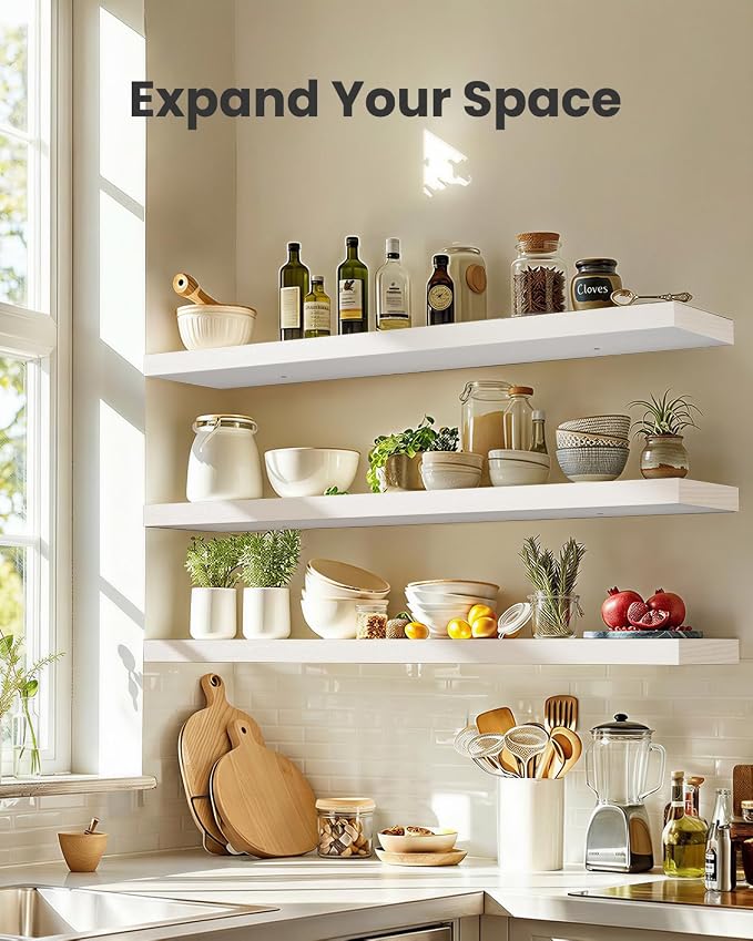 AMADA HOMEFURNISHING 47.2" L Floating Shelves, Wall Shelves Set of 3 for Bathroom/Living Room/Bedroom/Kitchen, White Floating Shelves for Wall Decor with Invisible Brackets - AMFS55W - Image 3