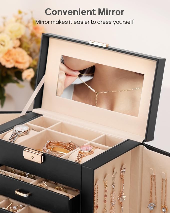 Homde Mothers Day Gifts Synthetic Leather Huge Jewelry Box Mirrored Watch Organizer Necklace Ring Earring Storage Lockable Gift Case (Black + Gold) - Image 7