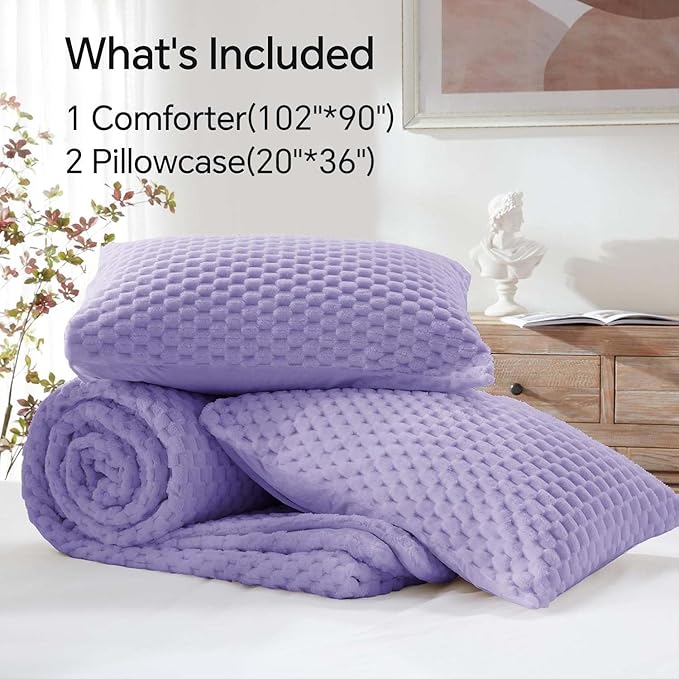 BEDELITE Fluffy King Size Comforter Set - Light Purple Fleece Soft Comforter for King Size Bed, Luxury Warm Bedding Set for Winter, Fuzzy Bed Set 3 Pieces (1 Comforter, 2 Pillowcases)