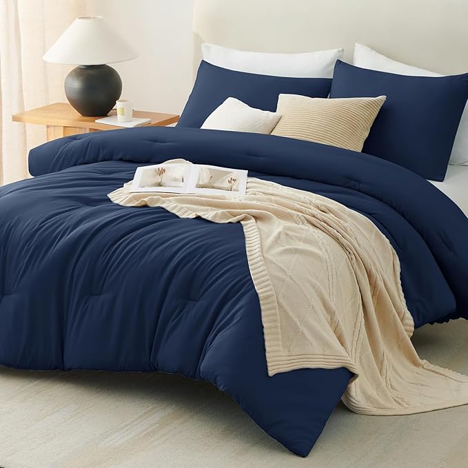 CozyLux Oversized King Comforter Set Navy Blue, 3 Pieces 120x98 Solid Breathable Quilted Bedding Sets for All Seasons, Luxury Soft Lightweight Bed Set with Down Alternative Comforter and 2 Pillowcases