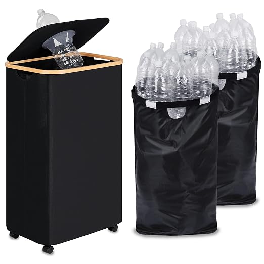 iEGrow Recycling Bin for Kitchen, Indoor Home Recycle Bins with Wheel, 29 Gallons Large Recycling bin with 2 Removeable Reusable Inner Bags, for Bottles Cans Glass Plastice Cartons(Black) by iEGrow