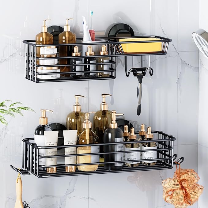 LEVERLOC Shower Caddy Suction Cup, 2 Pack suction shower shelf with Hooks & Soap holder, NO-Drilling Bathroom Holder, Rustproof bathroom organizer, Black by LEVERLOC