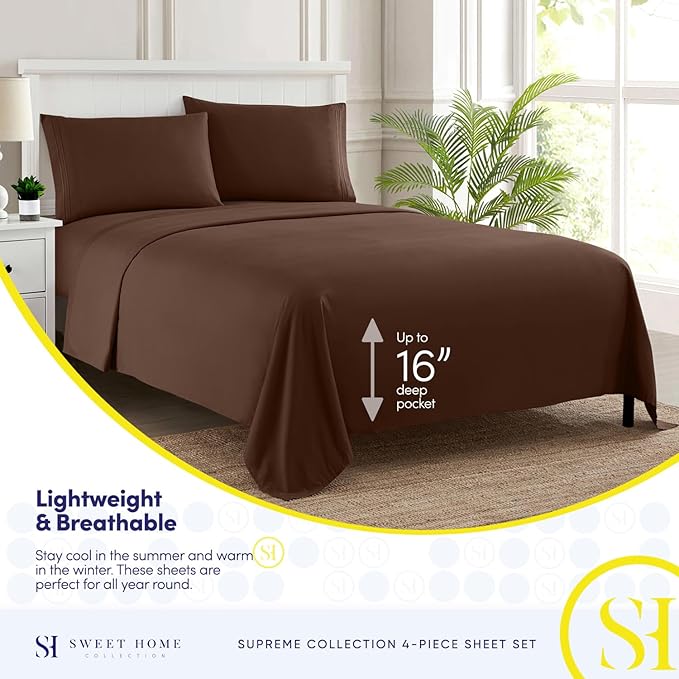 Split King Sheets - Breathable Luxury Sheets with Full Elastic & Secure Corner Straps Built In - 1800 Supreme Collection Extra Soft Deep Pocket Bedding Set, Sheet Set, Split King Size, Brown