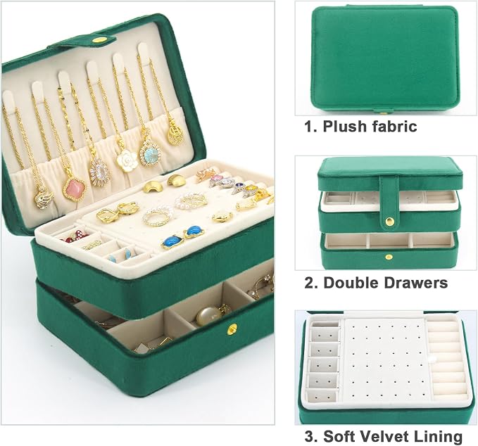 KOOAAICCHI Small Jewelry Box, Travel Jewelry Organizer, Portable Jewelry boxes for Women Girls Gift, Double Layers PU Leather Jewelry Holder for Rings, Earrings, Necklaces- Velvet Green - Image 3