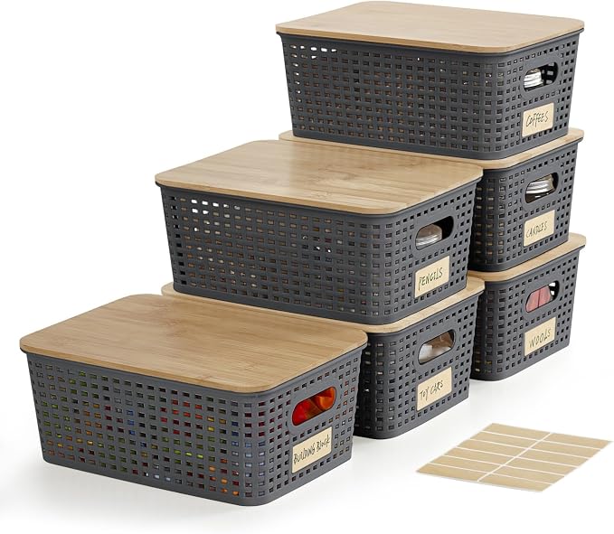 Bagnizer Small Plastic Storage Bins with Bamboo Lids 5.2qt Stackable Box Basket Pantry Decorative Containers Cute with Label for Organizing Desktop Closet Office Gray of 6 packs 10 * 7.2 * 4.1" by Bagnizer