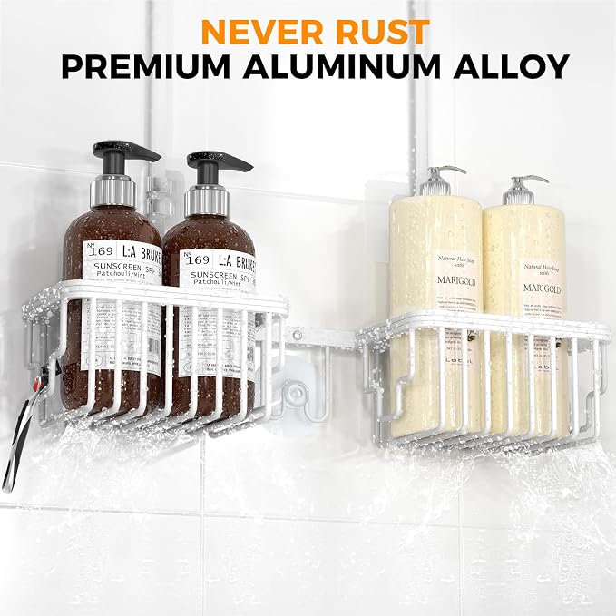 REINHARDT Aluminum Shower Caddy Hanging Adjustable Shower Caddy, Rustproof Hanging Shower Organizer with Hooks Soap Holders, Over Shower Head Caddy for Handheld Showerhead, White - Image 3
