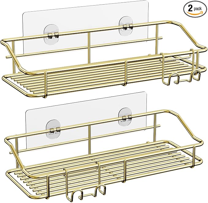 Nieifi Shower Caddy Shelf Storage Rack Adhesive Without Drilling Stainless Steel with Hooks for Washroom, Lavatory, Restroom, Toilet, Bathroom, Kitchen - 2 Pack, Golden by Nieifi