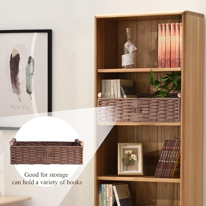 Round Paper Rope Storage Basket Wicker for Organizing with Handle, Decorative Bins Countertop Toilet Paper for Tank Top Small Set, Brown - Image 4