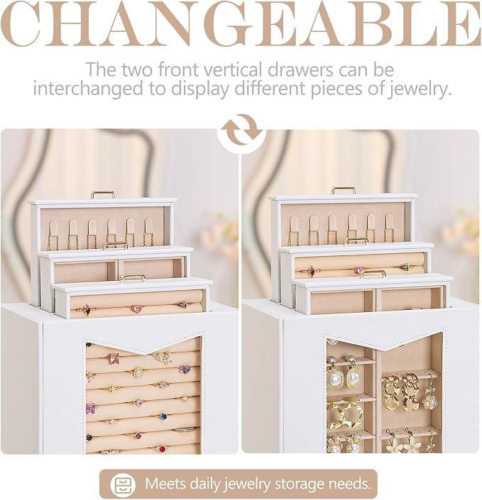 Homde Jewelry Organizer with Transparent Window Necklace Hooks Gift for Women Jewelry Box Display Case for Necklaces Rings Earrings Bracelets and Other Jewelry Accessories (White + Gold) - Image 3