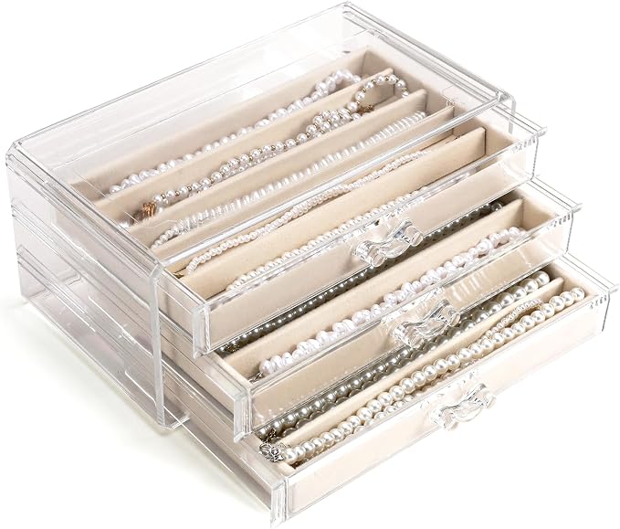 CLUQMEIK Necklace Organizer Box with Clear Lid, Dustproof Velvet Jewelry Holder Storage Display Case, Stackable Acrylic Necklace Tray Drawer Insert for Women and Girls (Beige,3 Drawers) by CLUQMEIK