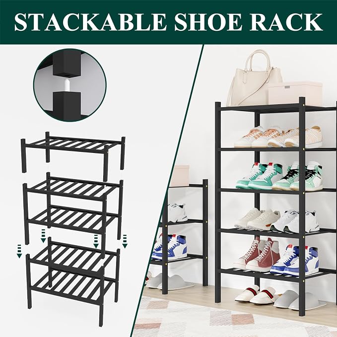 Smiry Shoe Rack, 6 Tier Small Bamboo Shoe Organizer, Stackable Free Standing Wooden Shoe Storage Shelf for Closet, Entryway, Front Door Entrance, Black - Image 4