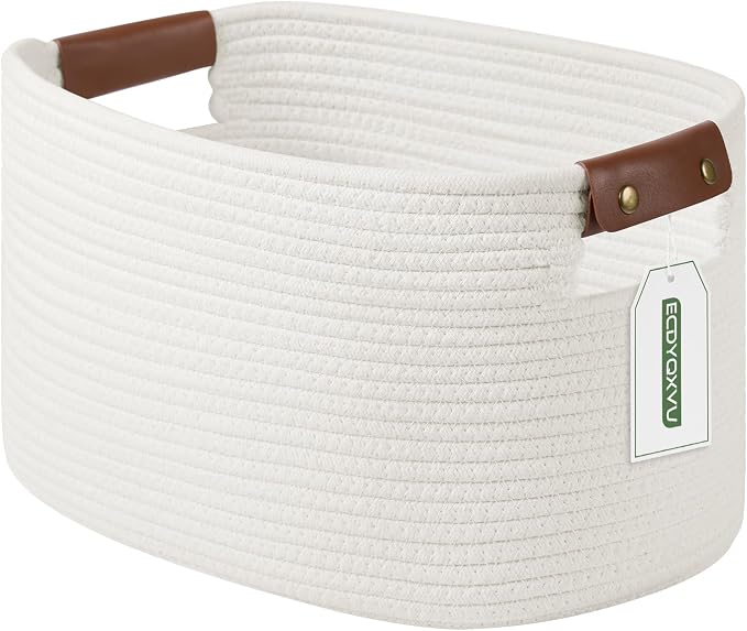 ECDYQXVU Cotton Rope Basket, Storage Baskets with Handle, 15x10x9 Inch Woven Basket for Shelves, Laundry, Towels, Clothes, Books (White 1Pack) by ECDYQXVU