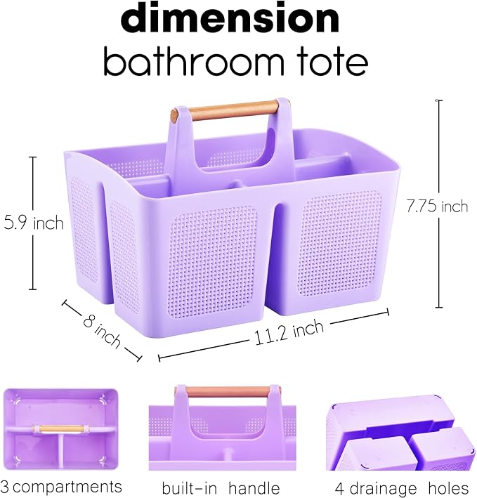 ALINK Portable Shower Caddy Basket with Compartments, Plastic Divided Cleaning Caddy Organizer Storage Tote with Handle for Bathroom, College, Dorm Room Essentials - Purple - Image 2